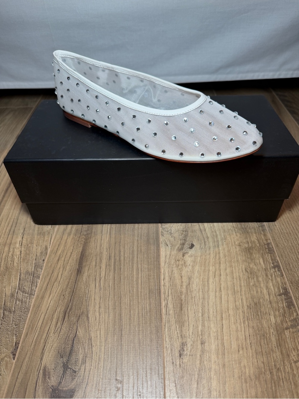 BCBGMAXAZRIA White Crystal-Embellished Mesh Ballet Flat